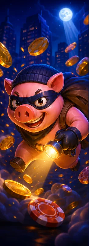 Comic-Sparschwein bei einem fantasievollen Überfall